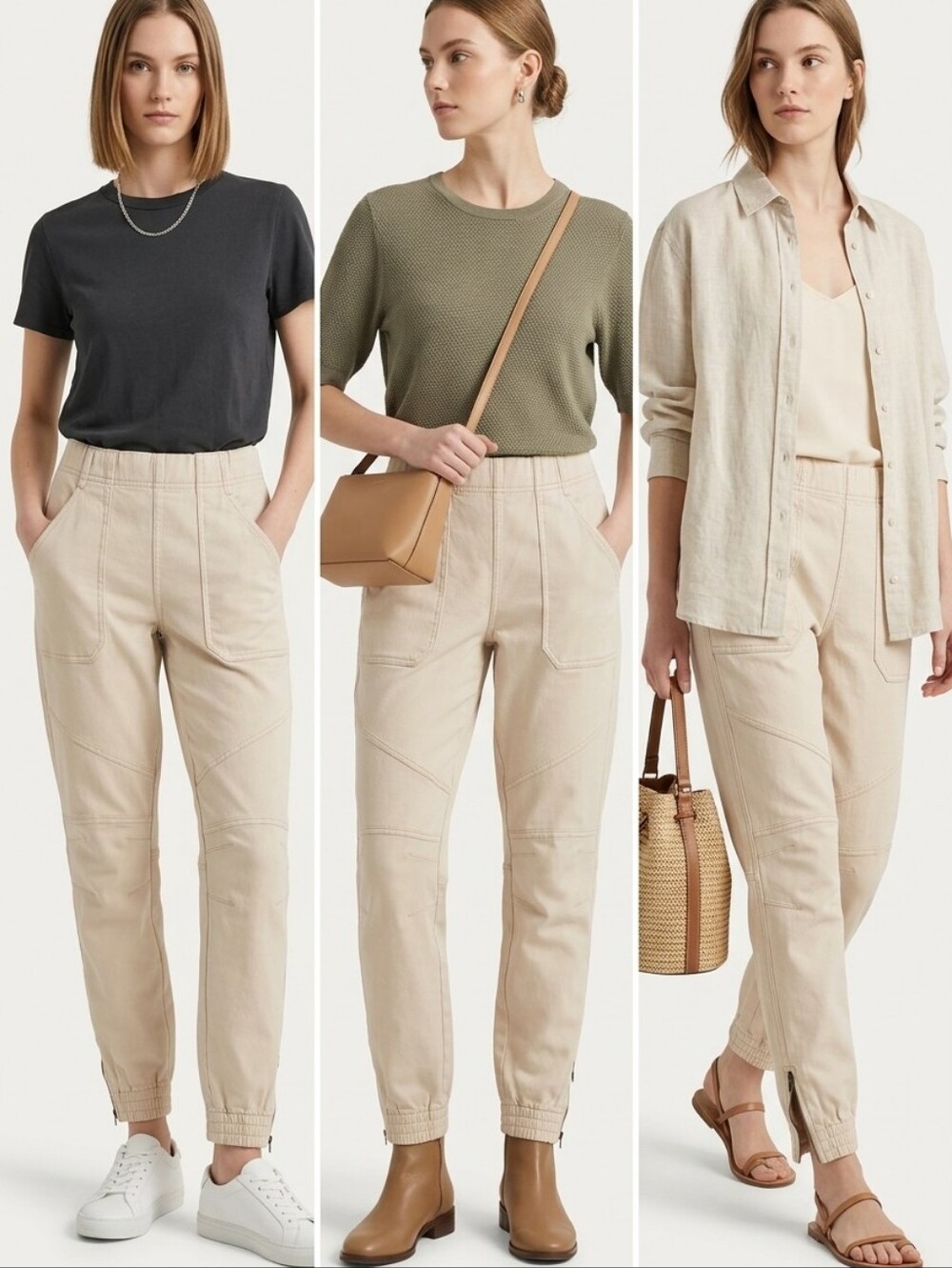 Spanx Stretch Twillโ Utility Jogger SZ S Light Beige Jogger Zip Ankle Detail